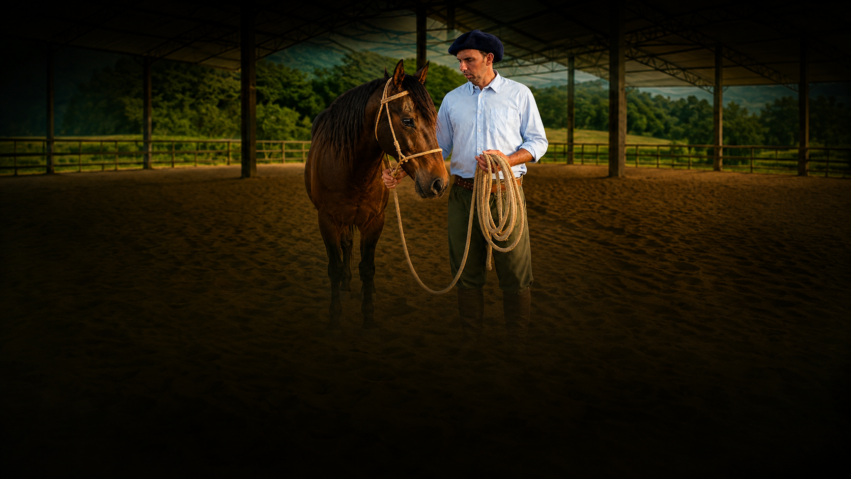 Marcos Silveira com cavalo e corda no campo, versão desktop