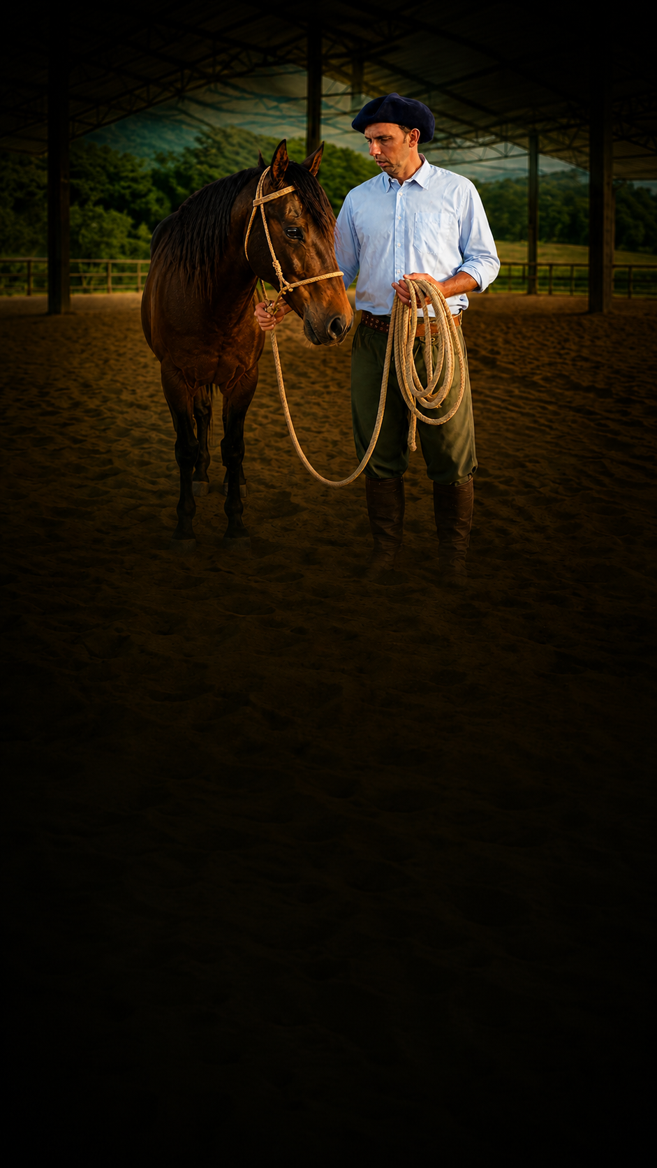 Marcos Silveira com cavalo e corda no campo, versão mobile